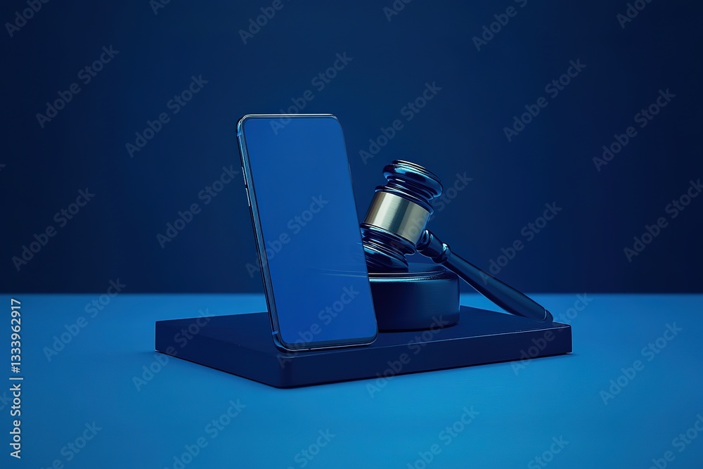 Obraz premium Smartphone Justice Gavel and Mobile Phone on Blue Platform 3D Render