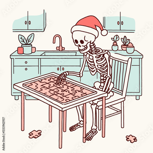Skeleton wearing a Santa hat solves a puzzle at the kitchen table a minimalist vector graphic for a holiday card