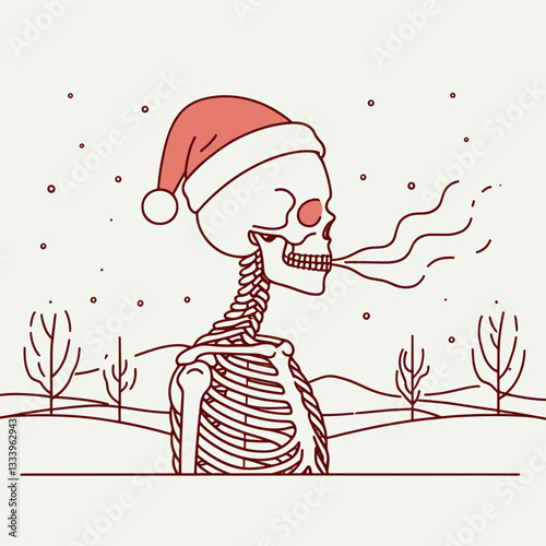 Skeleton wearing a Santa hat breathing deeply in a quiet park a minimalist vector drawing of peaceful holiday spirit