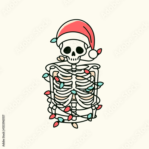 Skeleton wearing a Santa hat wrapped in Christmas lights a minimalist vector graphic for a festive holiday card