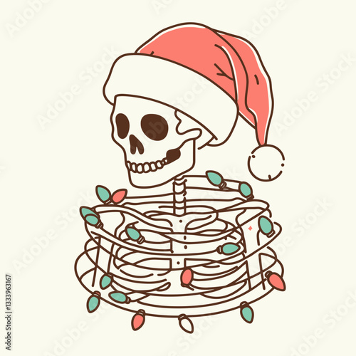 Skeleton wearing a Santa hat wrapped in Christmas lights minimalist vector graphic a jolly holiday skeleton.