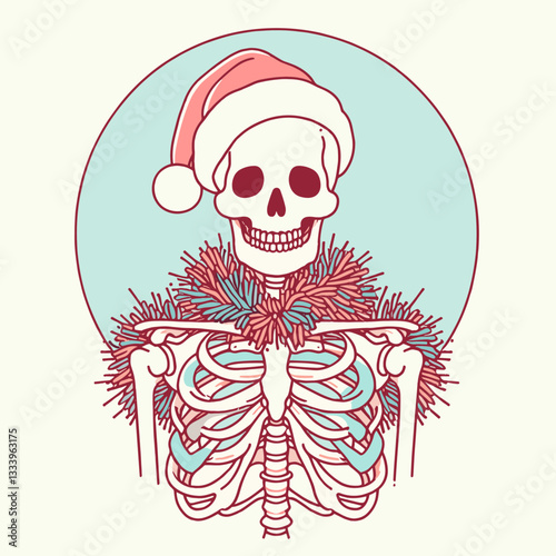 Skeleton wearing a Santa hat wrapped in tinsel a minimalist vector graphic depicts a jolly holiday spirit