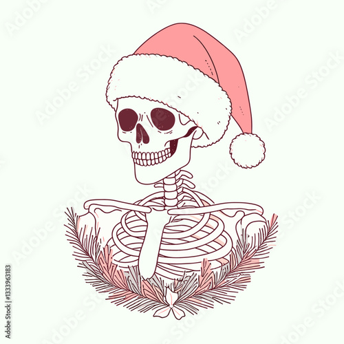 Skeleton wear santa hat wrapped in tinsel minimalist vector graphic  for a quirky Christmas card design