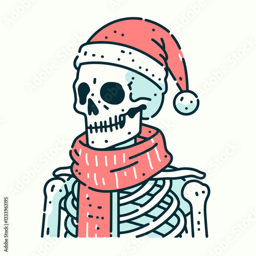 Skeleton wearing a Santa hat wearing a scarf and hat minimalist vector graphic for a jolly holiday card