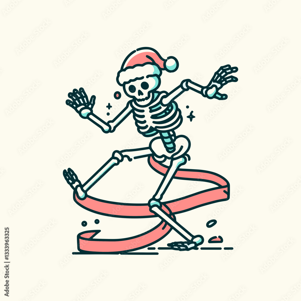 Fototapeta premium Skeleton wearing a Santa hat trips over Christmas ribbon a simple monochrome vector outline drawing