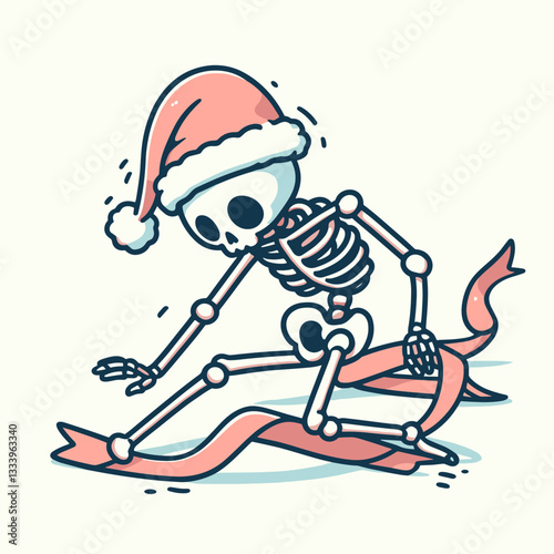 Skeleton wearing a Santa hat trips over Christmas ribbon a minimalist monochrome vector graphic doodle