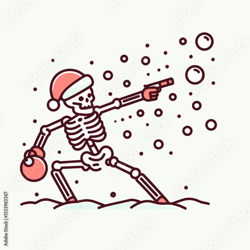 Skeleton wearing a Santa hat throws snowballs a minimalist monochrome vector drawing festive holiday fun