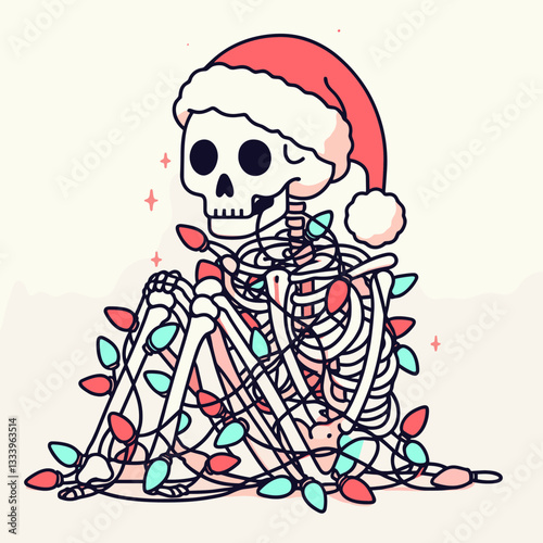 Skeleton wearing a Santa hat tangled in Christmas lights vector graphic a festive monochrome minimalist silhouette doodle