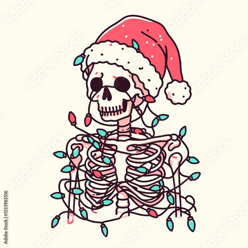 Skeleton wear santa hat tangled in Christmas lights minimalist vector graphic of a spooky holiday scene