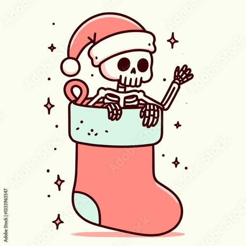 Skeleton wearing a Santa hat stuck inside a Christmas stocking minimalist vector graphic depicting a jolly holiday surprise