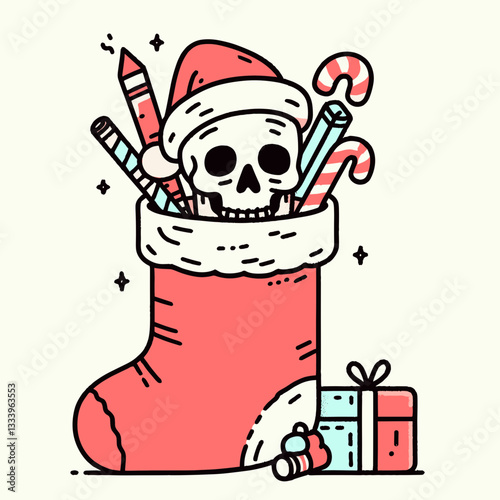 Skeleton wearing a Santa hat stuck inside a Christmas stocking a minimalist vector drawing of a funny holiday scene