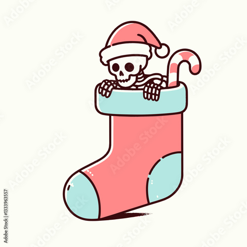 Skeleton wearing a Santa hat stuck inside a Christmas stocking a minimalist vector outline drawing