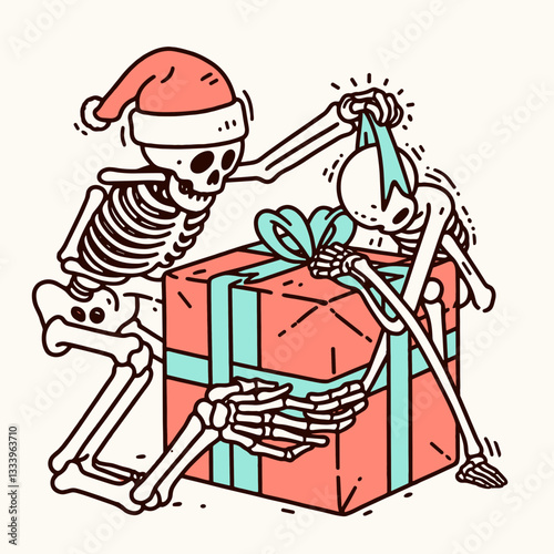 Skeleton wearing a Santa hat struggles wrapping a gift a simple monochrome vector illustration for Christmas
