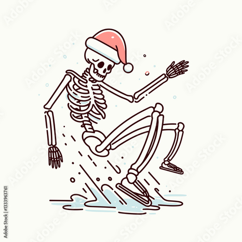 Skeleton wearing a Santa hat slips on ice falling a hilarious monochrome minimalist vector graphic for a Christmas card