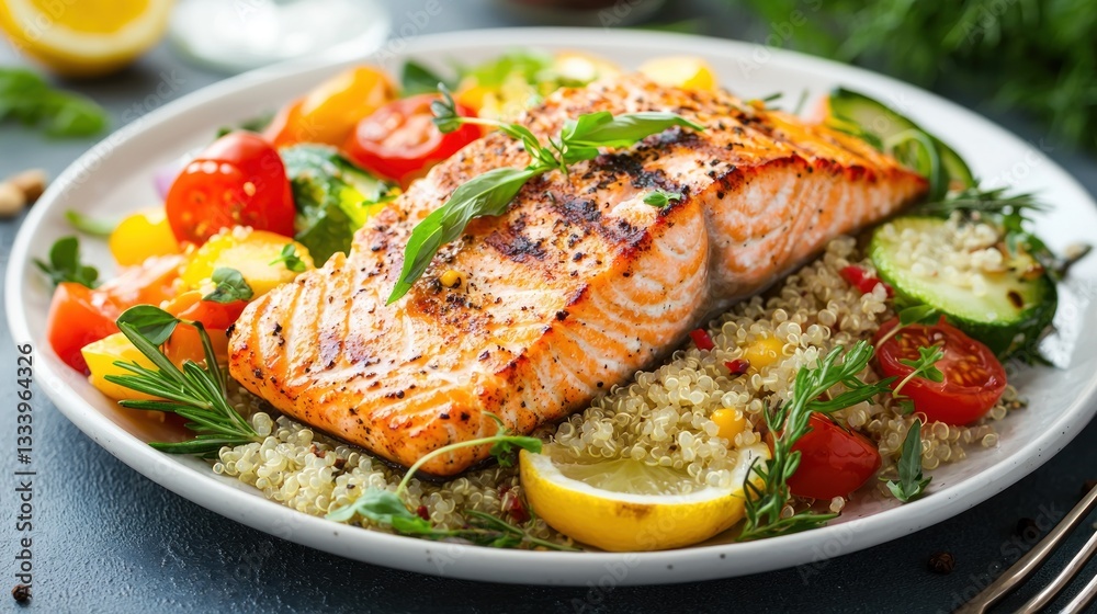 Show a balanced meal with grilled salmon, quinoa, and a mix of colorful vegetables, plated elegantly Show a balanced meal with grilled salmon, quinoa, and a mix of colorful vegetables, plated elegantly