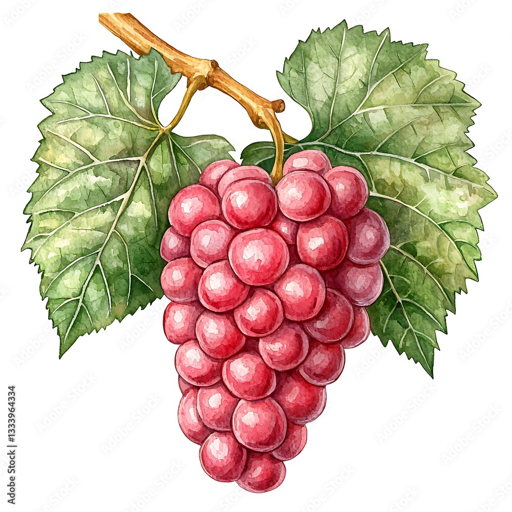 Fototapeta premium Watercolor Painting of a Bunch of Red Grapes with Green Leaves. A detailed illustration perfect for wine labels, food blogs, or culinary publications.