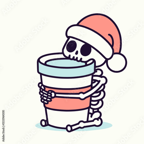 Skeleton wearing a Santa hat hugs a huge coffee cup minimalist vector drawing for a holiday graphic