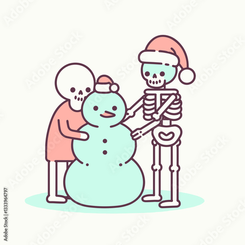 Skeleton wearing a Santa hat builds a snowman a simple monochrome vector graphic for a festive holiday card