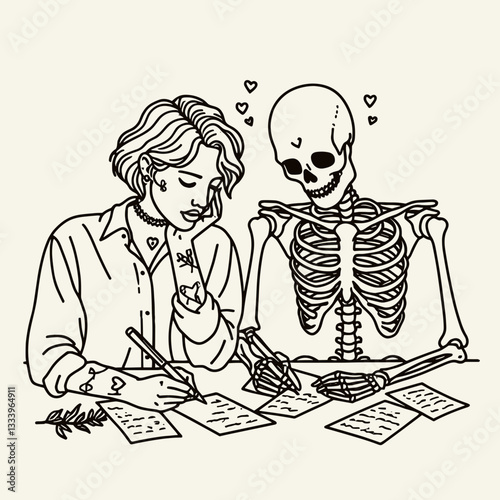 Skeleton lesbian couple writing love letters minimalist monochrome doodle vector graphic illustrating a snowy Christmas Eve.