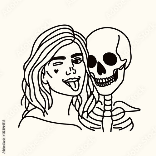 Skeleton lesbian couple winking face tongue minimalist monochrome vector graphic drawing a spooky holiday romance