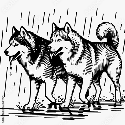 Siberian Husky Couple walking in the rain minimalist vector graphic a Christmas holiday stroll through winter wonderland