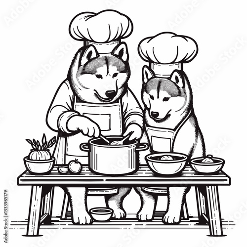 Siberian Husky Couple taking a cooking class minimalist vector drawing a festive Christmas gingerbread house