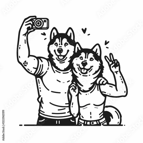 Siberian Husky Couple taking silly pictures a minimalist vector drawing for a Christmas holiday card