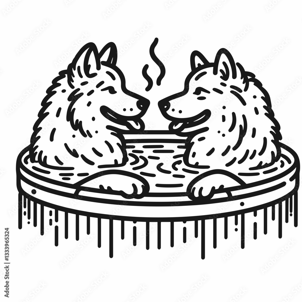 Fototapeta premium Siberian Husky Couple sharing a hot tub minimalist vector drawing a festive Christmas scene