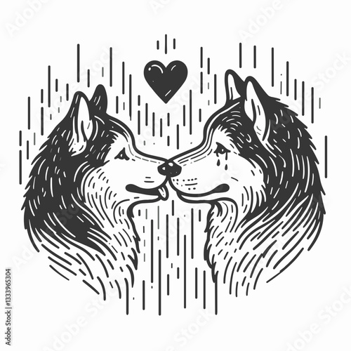 Siberian Husky Couple sharing a kiss in the rain minimalist vector outline drawing a heartwarming Christmas holiday scene