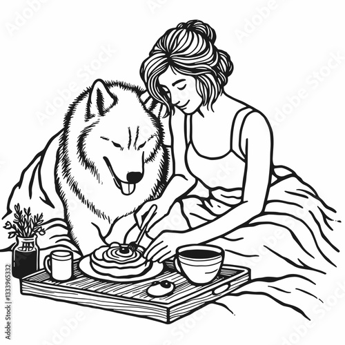 Siberian Husky Couple making breakfast in bed minimalist vector illustration Christmas morning festive joy
