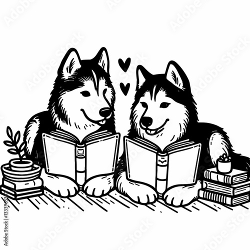 Siberian Husky Couple reading each others favorite book minimalist vector graphic a cozy Christmas holiday scene