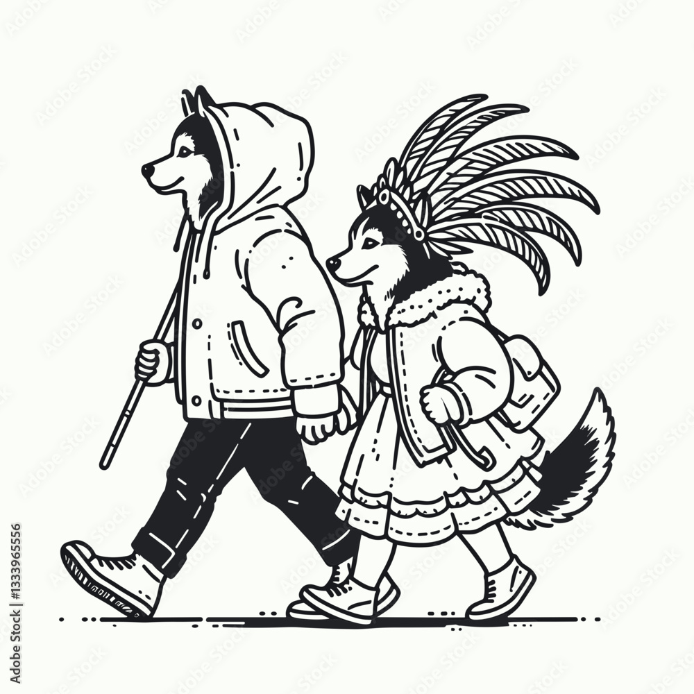 Fototapeta premium Siberian Husky Couple going to a Christmas carnival minimalist vector outline drawing of a playful snowy holiday scene