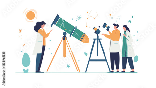 A vector illustration depicting four stylized scientists, two women and two men, in white lab coats.  They are using two large telescopes on tripods, set against a white background with simple