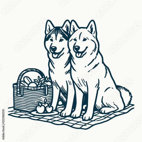 Siberian Husky Couple going on a picnic minimalist vector drawing a snowy Christmas holiday scene
