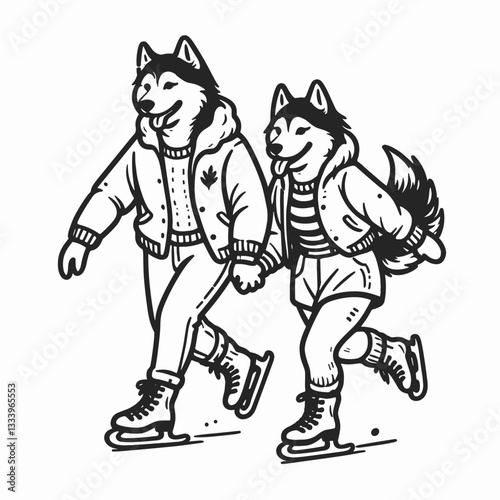 Siberian Husky Couple going ice skating minimalist vector graphic a joyful Christmas holiday scene
