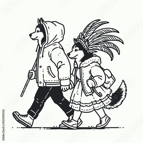 Siberian Husky Couple going to a Christmas carnival minimalist vector outline drawing of a playful snowy holiday scene
