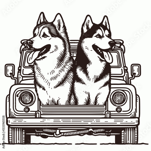 Siberian Husky Couple going for a scenic drive minimalist vector illustration Christmas holiday journey