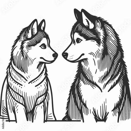 Siberian Husky Couple gazing into each others eyes minimalist vector drawing a snowy Christmas Eve romance
