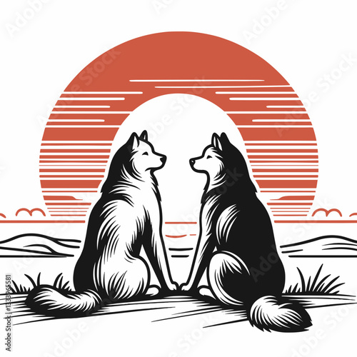 Siberian Husky Couple enjoying a sunset minimalist vector graphic of a snowy Christmas eve
