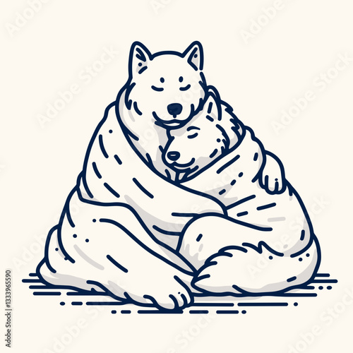 Siberian Husky Couple cuddling under a blanket a minimalist monochrome vector drawing of winter holiday love