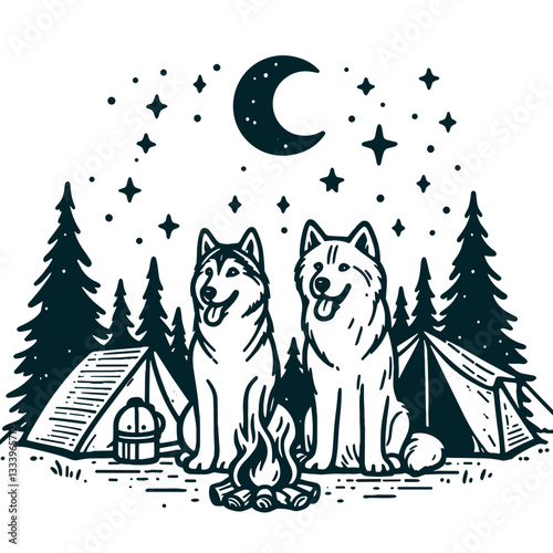 Siberian Husky Couple camping under the stars minimalist vector drawing a cozy Christmas eve campfire scene