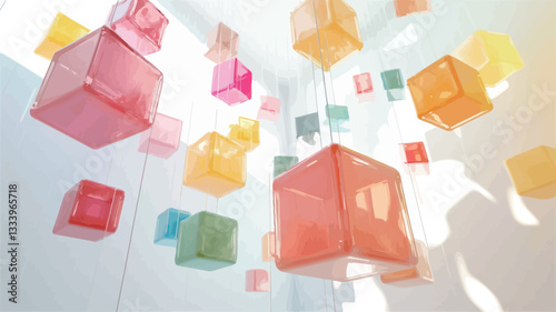 The image shows numerous translucent cubes of varying sizes and pastel colors suspended in a white space. The cubes appear to be made of a material that allows light to pass through, creating