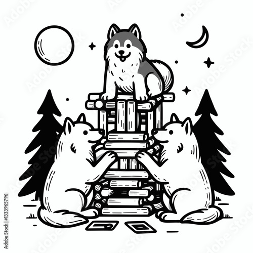 Siberian Husky Couple building a fort together a minimalist monochrome vector drawing for a Christmas holiday scene