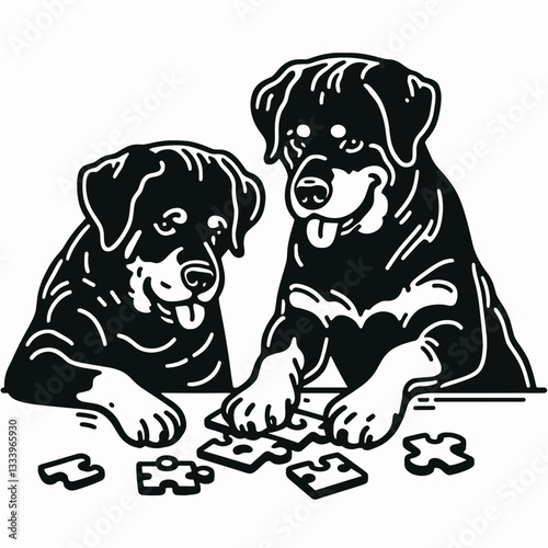 Rottweiler Dog Couple working on a puzzle a simple Christmas vector illustration shows holiday teamwork
