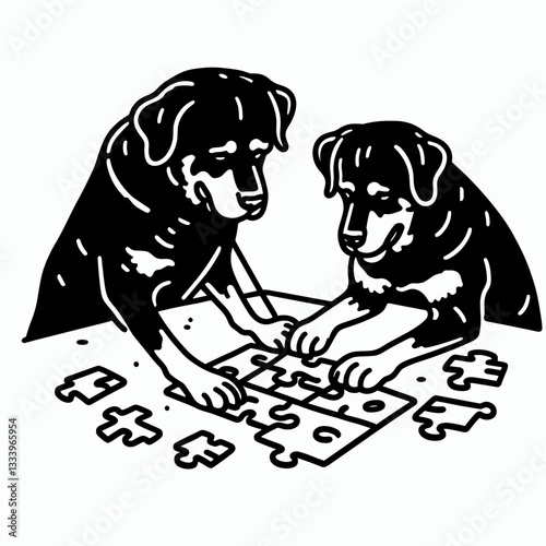 Rottweiler Dog Couple working on a Christmas puzzle vector graphic simple monochrome minimalist silhouette doodle