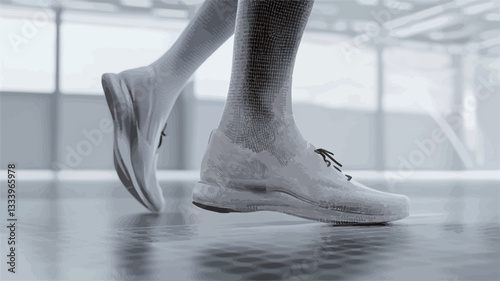 Close-up, low-angle view of a person's legs and feet wearing white sneakers while walking.  The focus is sharp on the shoes, with a slight motion blur suggesting movement.  The background is