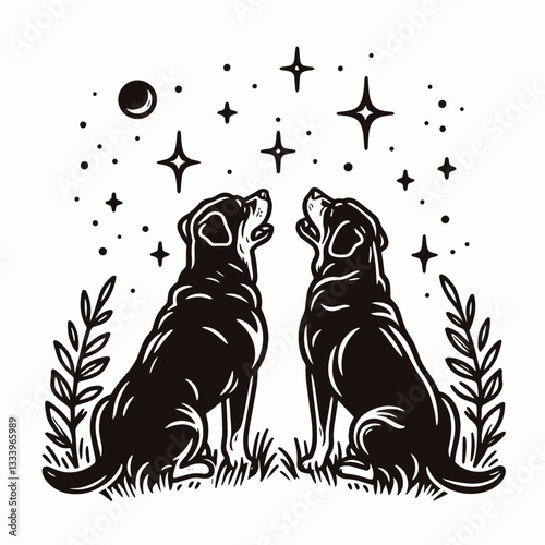 Rottweiler Dog Couple going stargazing minimalist vector drawing a Christmas Eve silhouette under twinkling holiday stars