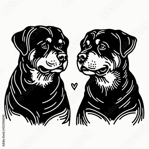 Rottweiler Dog Couple gazing into each others eyes minimalist vector drawing of a loving pair celebrating Christmas