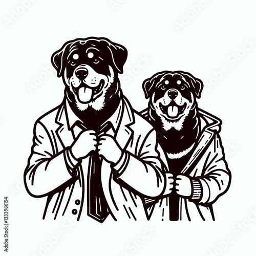 Rottweiler Dog Couple getting dressed up for a Christmas holiday minimalist vector illustration