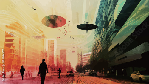 The image is a digital painting or illustration depicting a surreal cityscape.  The color palette is highly saturated, using warm and cool tones with strong contrasts, particularly yellows,